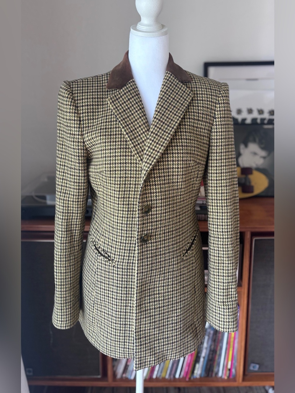 Vintage Houndstooth Wool-Blend Blazer with Brown Velvet Collar